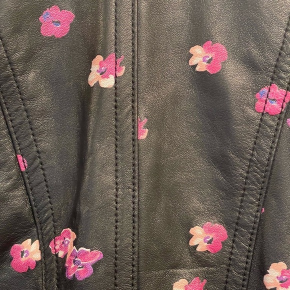 Rebecca Taylor Floriana Black Leather Jacket, Cropped, Pink Flower Print, Sz 2 - Picture 9 of 16